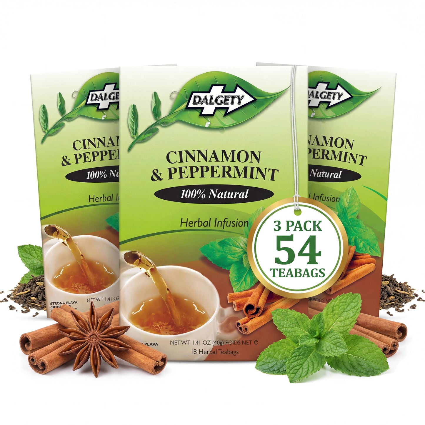 Dalgety Pure Peppermint Tea Bags - All Natural Herbal Infusion Natural Tea, Delicious and Packed with Unique Health Benefits, Caffeine Free (3 Pack - 54 Teabags)