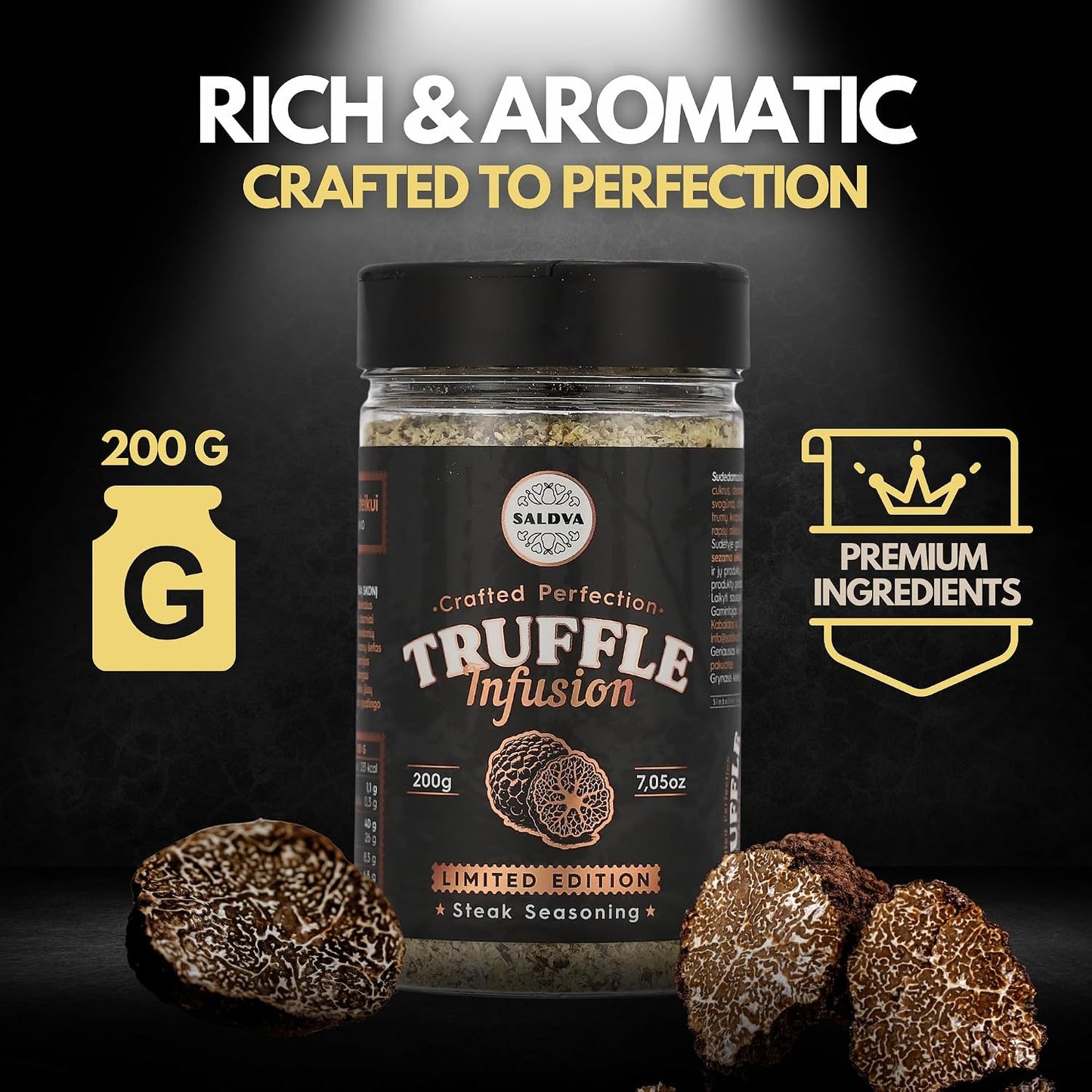 Premium Truffle Steak & BBQ Rub – Limited Edition Gourmet Seasoning – Infused with Truffles for Luxurious Flavour – Unique Blend of Spices - Large Jar (200g)