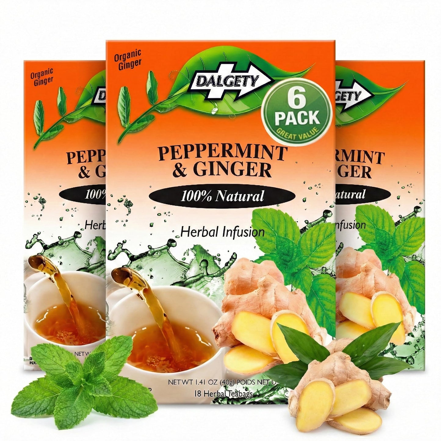 Dalgety Peppermint and Ginger Herbal Infusion 40g Cartons (3 Pack) 100% Natural, Caffeine Free Tea (Total 54 Teabags); Delicious and Packed with Unique Health Benefits