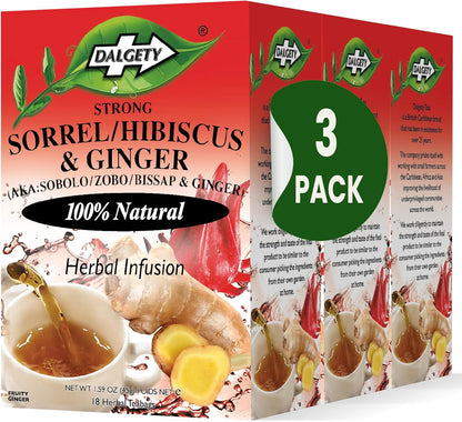 Dalgety Sorrel/Hibiscus & Ginger Herbal Infusion 3x45g Cartons (3 Pack) 100% Natural, Caffeine-Free Tea (Total 54 Teabags); Our Delicious Tea Builds the Immune System, Fights Fatigue & Boosts Energy