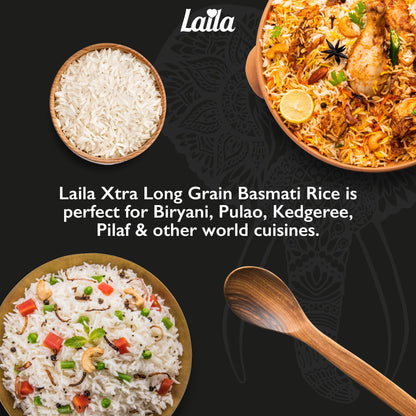 Laila Extra Long Grain Rice 5 Kg - 100 % Gluten Free - Extra Long Grain White Basmati Rice with Aroma Fragrant, Package May Vary
