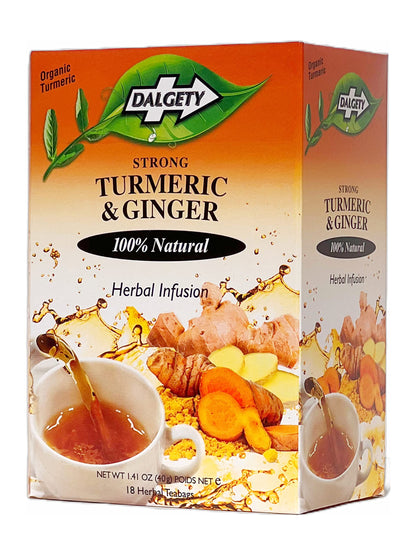 Dalgety Pure Turmeric and Ginger Tea Bags 6 Pack, Herbal Infusion, All Natural, Turmeric Tea Bags for Inflammation - Delicious, Packed with Unique Health Benefits, Caffeine Free (Total 108 Teabags)