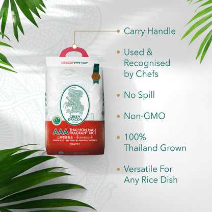 Green Dragon Thai Fragrant Jasmine Rice 10KG | Thai Hom Mali | AAA | Premium Rice | White Rice | Chinese Ingredients | Chinese Asian Cooking | 10KG
