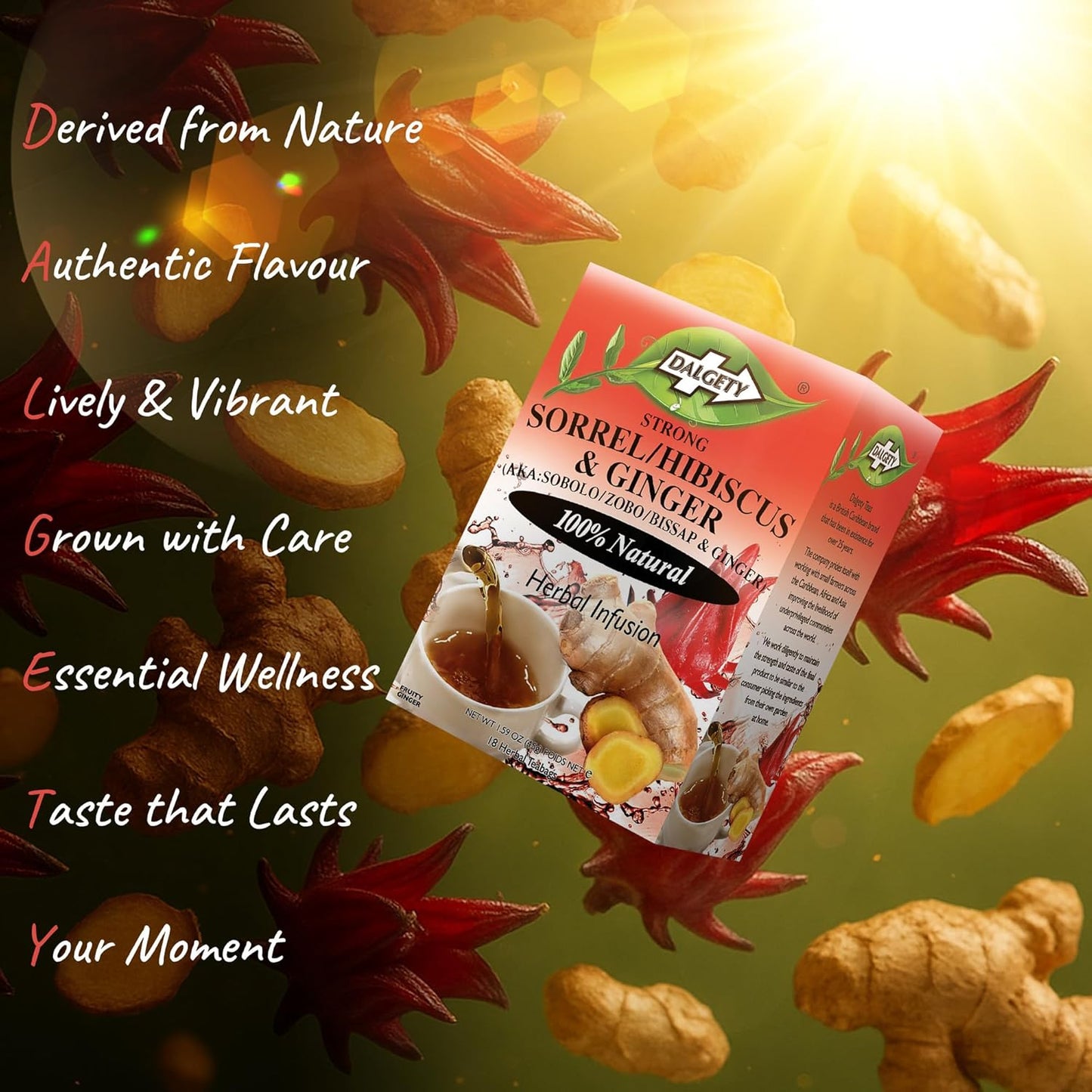 Dalgety Sorrel/Hibiscus & Ginger Herbal Infusion 3x45g Cartons (3 Pack) 100% Natural, Caffeine-Free Tea (Total 54 Teabags); Our Delicious Tea Builds the Immune System, Fights Fatigue & Boosts Energy