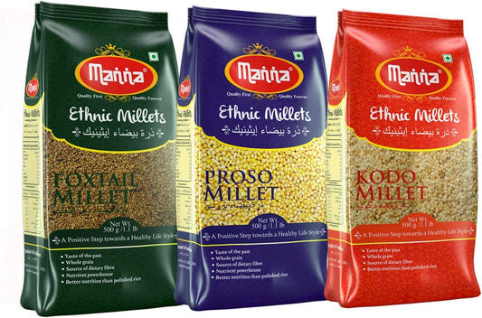 Manna Mixed Millets Combo Pack of 3 (Foxtail Millet 500g Kodo Millet 500g &Proso Millet 500g)