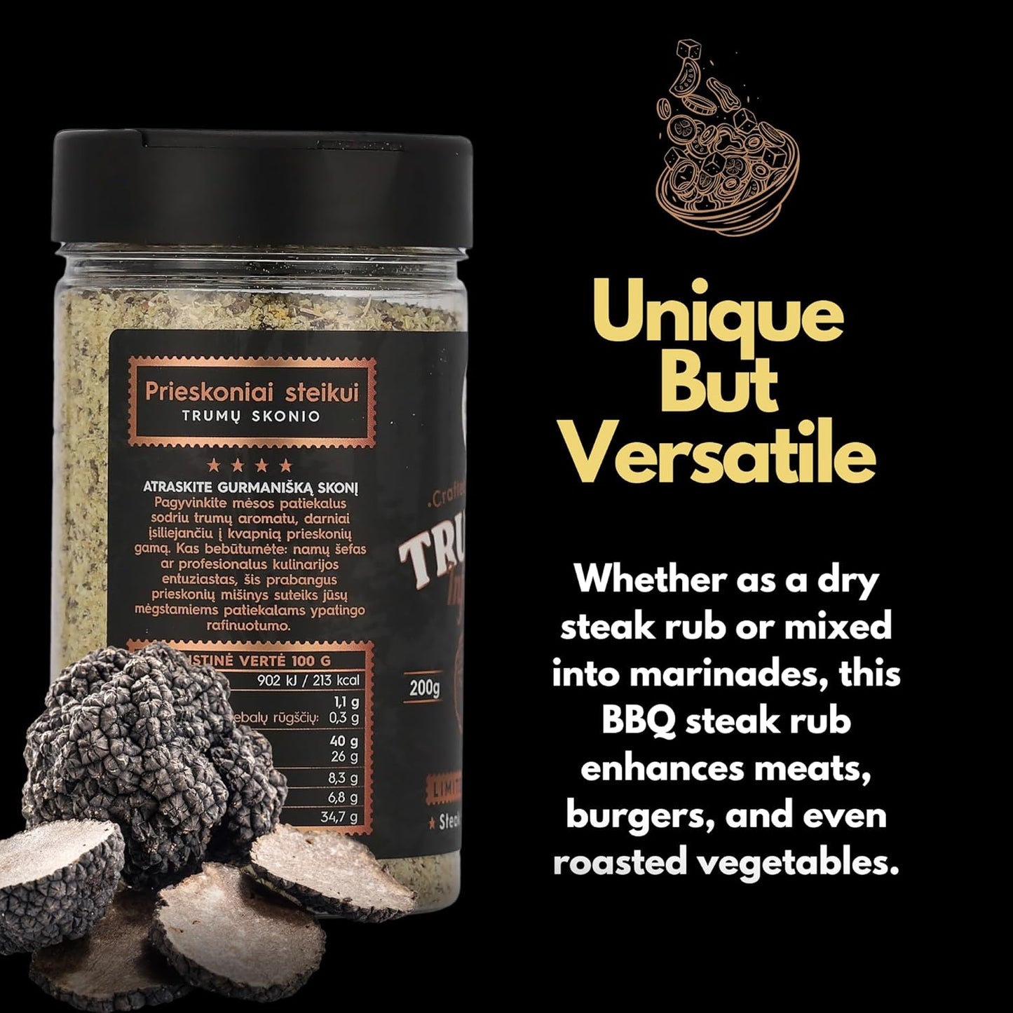 Premium Truffle Steak & BBQ Rub – Limited Edition Gourmet Seasoning – Infused with Truffles for Luxurious Flavour – Unique Blend of Spices - Large Jar (200g)