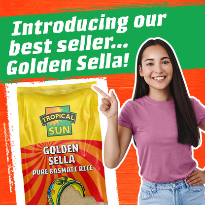 Tropical Sun Golden Sella Basmati Rice 10kg - Extra Long Grain Parboiled Rice - Naturally Aromatic - Non-Sticky & Fluffy Rice for Biryani, Pilaf, Curries & Everyday Cooking