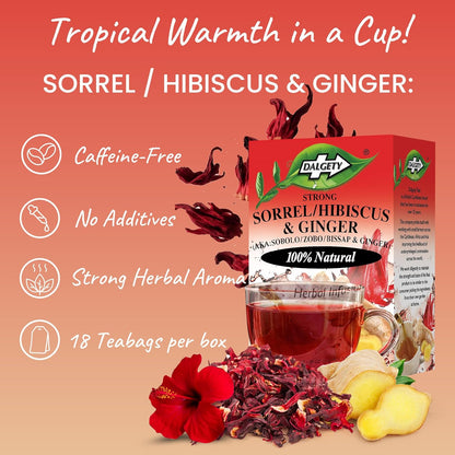 Dalgety Sorrel/Hibiscus & Ginger Herbal Infusion 3x45g Cartons (3 Pack) 100% Natural, Caffeine-Free Tea (Total 54 Teabags); Our Delicious Tea Builds the Immune System, Fights Fatigue & Boosts Energy