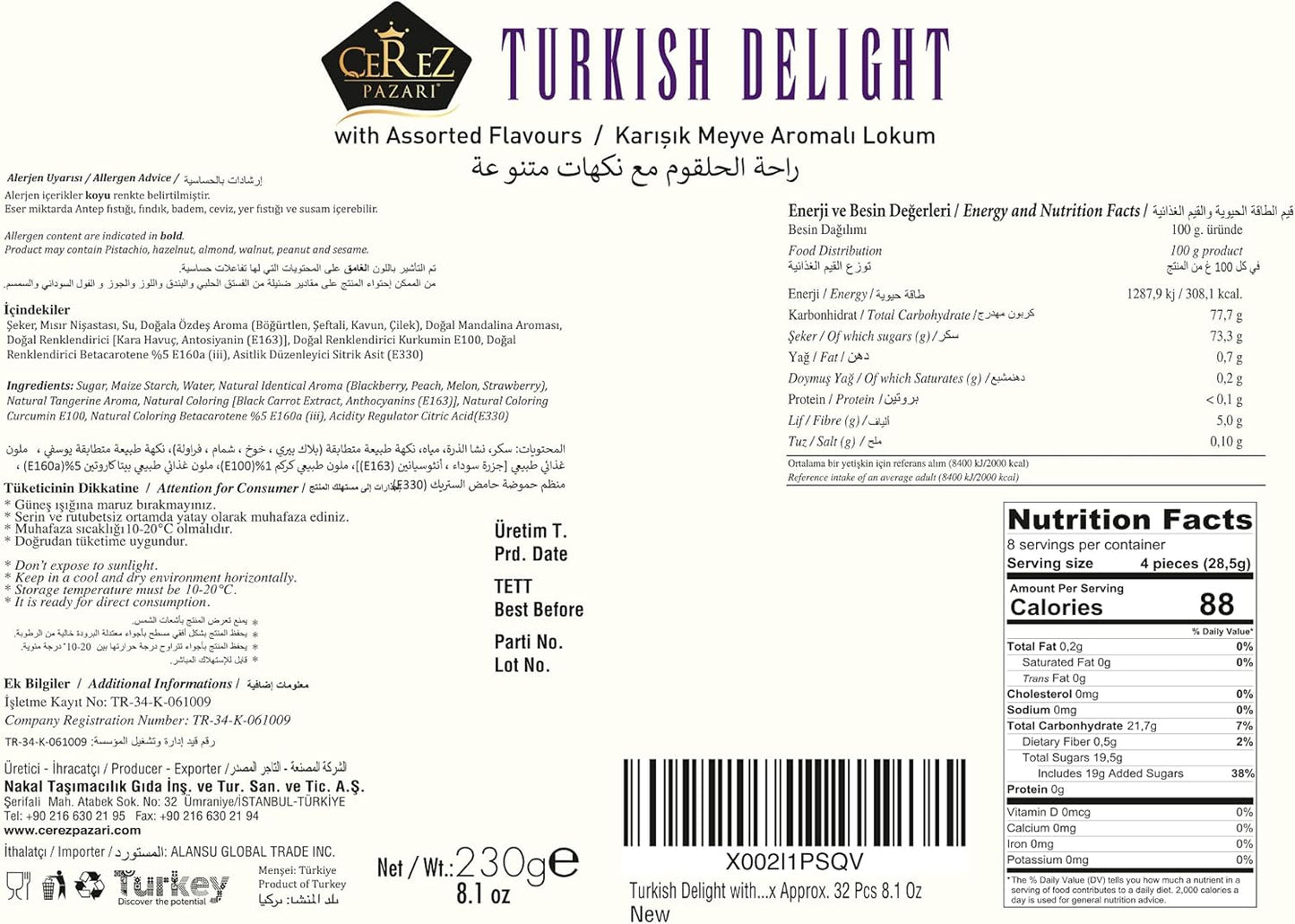 Turkish Delight White Box Strawberry, Peach, Melon, Tangerine, Blackberry Flavours 230g-1