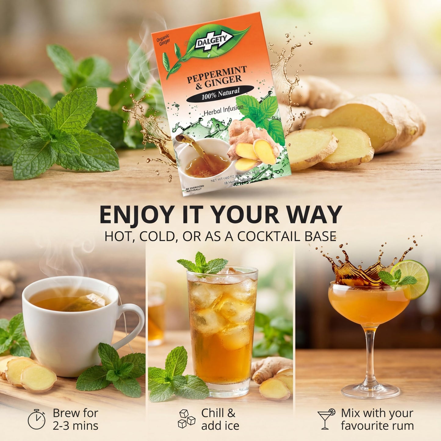 Dalgety Peppermint and Ginger Herbal Infusion 40g Cartons (3 Pack) 100% Natural, Caffeine Free Tea (Total 54 Teabags); Delicious and Packed with Unique Health Benefits