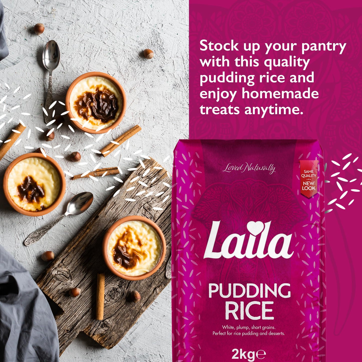 Laila Pudding Rice 2Kg Pack, Short Grain Pudding Rice for Milk Pudding & Rice Pudding, Plump Short Grain Rice for Desserts, Gluten Free Rice Pudding Rice